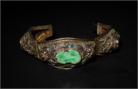 Chinese Silver Enameled Bangle with Jadeite Insets