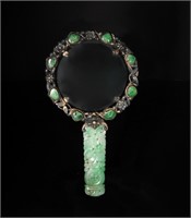 Silver Magnifying Glass w/ Jadeite Insets,19th C#