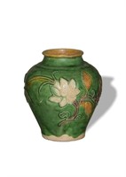 Chinese Sancai Jar w/ Carved Flowers, Liao Dynasty