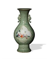 Chinese Celadon Vase w/ Famille Rose, Republic