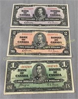 (3) 1937 Bank of Canada 1-2-10 dollar notes