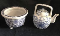 Blue & White Planter & Teapot
