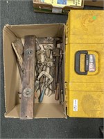 PM Toolbox and box of clamps, levels, misc.