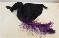 Vintage ladies black hat; purple feather, hat pin,