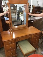 Kling solid maple vanity with mirror and stool.