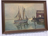 W. Hughes framed boat art.  27” tall x 40” wide