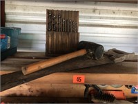 Tools, Auger bits, Hammer, Saw,