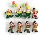 Eight vintage velvet clown ornaments