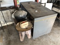 Rolling shelf, small bench, helmet, hard hat,