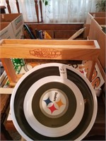 Steeler plastic dish and window cling, wooden