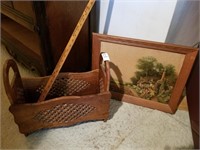 Carved wood magazine rack, framed cottage print