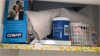Shelf lot of bathroom supplies (hair dryer, bath