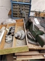 2  Vises and box of old electrical components