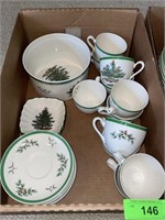BL- SPODE CHRISTMAS TREE CUPS & SAUCERS, BOWL>>>