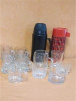 2 Thermos bottles and assorted glassware 3" - 14"