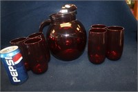 CRANBERRY GLASS PITCHER AND FOUR GLASSES