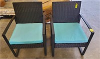 PAIR OF OUTDOOR RESIN WICKER CHAIRS WITH CUSHIONS