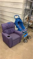 Stroller and purple kids couch