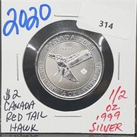 2020 1/2oz .999 Silver $2 Canada Red Tail Hawk