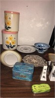 Assortment Of Decorative Tins, Bowls , Plates,