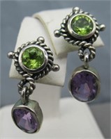 Pair Sterling Silver with Green & Purple Stone