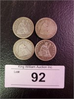 4 Seated Liberty Quarter Dollars, 1843-1861