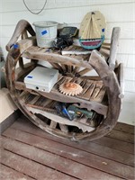 wooden rustic wagon wheel shelf