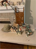 CHRISTMAS VILLAGE HOUSES VASE AND WOOD BIN AND HAT