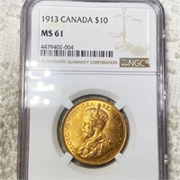 1913 $10 Canadian Gold Coin NGC - MS61