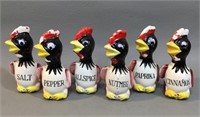 Pottery Rooster Spice Shakers -set of 6 -Japan
