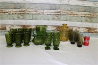 Large Lot of Vintage 70s Green & Amber Glassware