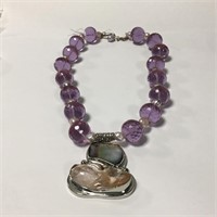 Designer Amethyst Glass & Pearl Pendant Necklace