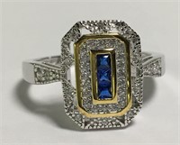 Sterling Silver Art Deco Ring, Blue & Clear Stones