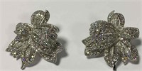 Designer Rhinestone Encrusted Floral Clip Earrings