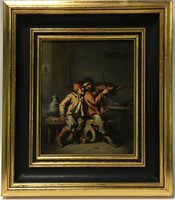 Oil On Board Of 2 Men, One Playing Violin