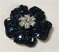 Blue And Clear Rhinestone Floral Pin / Pendant