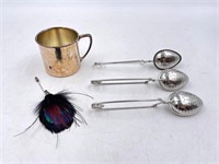 Sterling and Feather Pin, Oneida Cup, and More