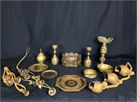Brass Box, Candlesticks, Plates, and Bells