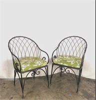 2 Outdoor Chairs with Green Leaf Cushions
