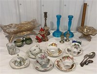Teacups and saucers, candleholders (inc 1