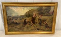 Signed painting on canvas - hay farmers approx