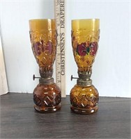 Small Amber Glass Oil Lamp Set