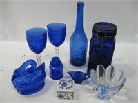 Collection Of Blue Glassware As Shown Tallest 12"