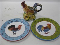 Two 8" Diameter Rooster Plates & Ceramic Creamer