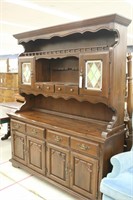 Vintage 2 Piece Pine Hutch w/ Stained Glass Doors