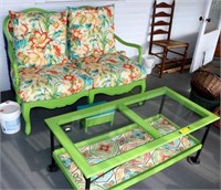 Green Painted Upholstered Patio Loveseat w/ Table