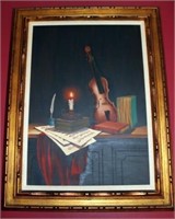 Oil on Canvas Still Life Violin Signed V. Scholler