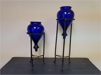 Cobalt Blue Glass Light covers / Cast Iron Stands