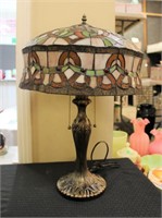 24in tall burgundy/green leaded glass lamp