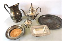 Silver Plate Teapot, Water Pitcher, Trays, Etc